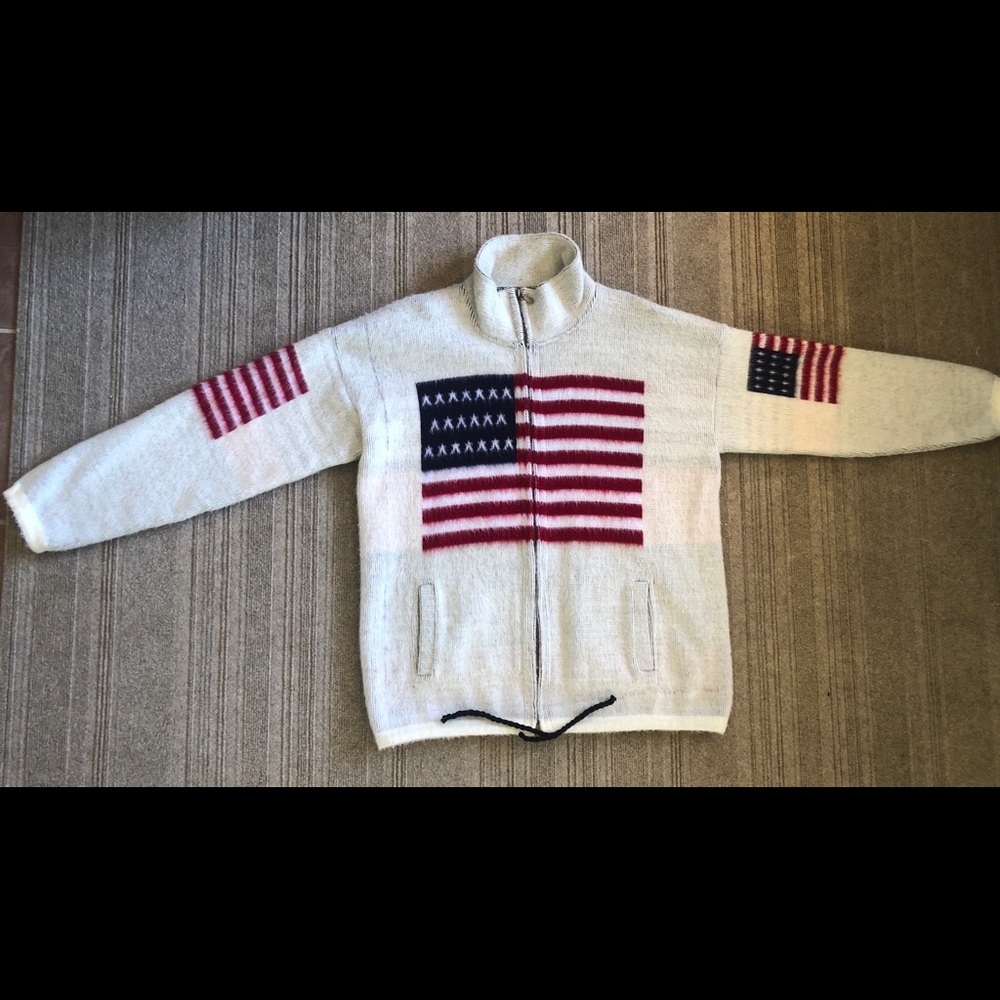 Men RUMINAHUI Red White Blue American Flag Wool Zip Up Hood Sweater Lrg  USA